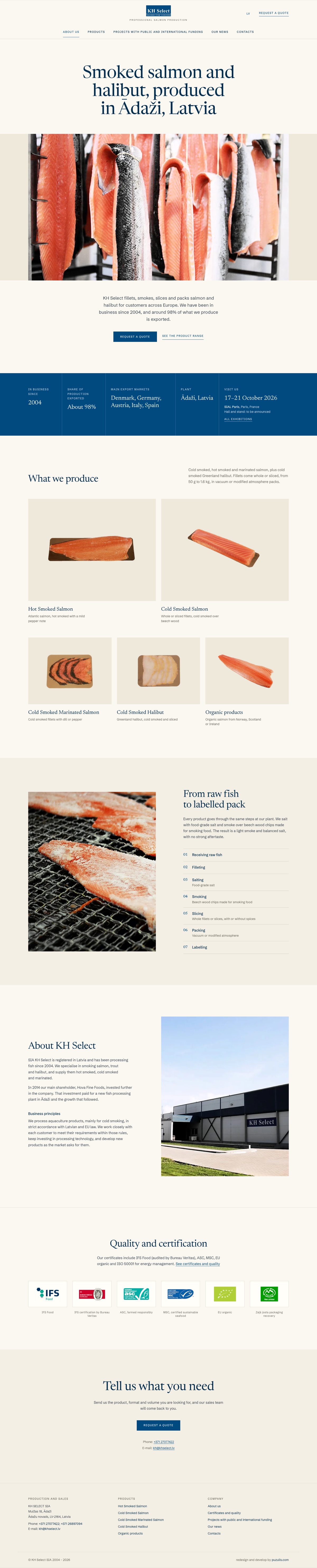 The redesigned KH Select homepage: serif headline, smokehouse photo, key figures banner, product grid, production steps, certifications and a quote request.