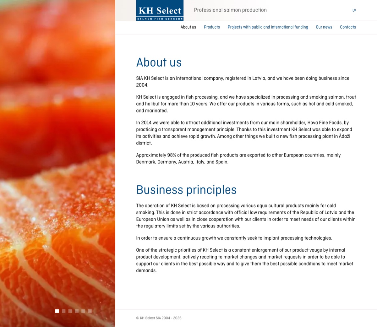 The old KH Select homepage: a large blurred salmon photo on the left, a text-only About us page on the right.
